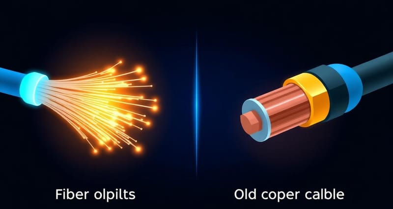 Comparación visual entre un cable de fibra óptica con luz azul y un cable coaxial de cobre tradicional.