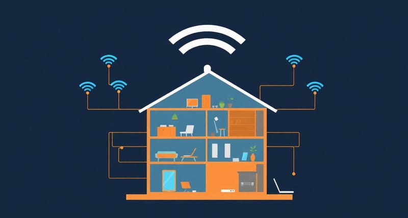 Router WiFi moderno con nodos mesh distribuidos en una casa, conectando smartphones, laptop y smart TV.