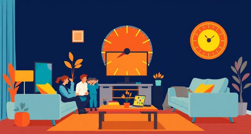 Sala de estar con smart TV mostrando un test de velocidad de internet y ondas WiFi en una casa moderna en Lima.